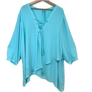 Avenue Top Lace Up Tassel Asymmetric 3/4 Sleeve 22/24 Blue Flowy Boho Casual